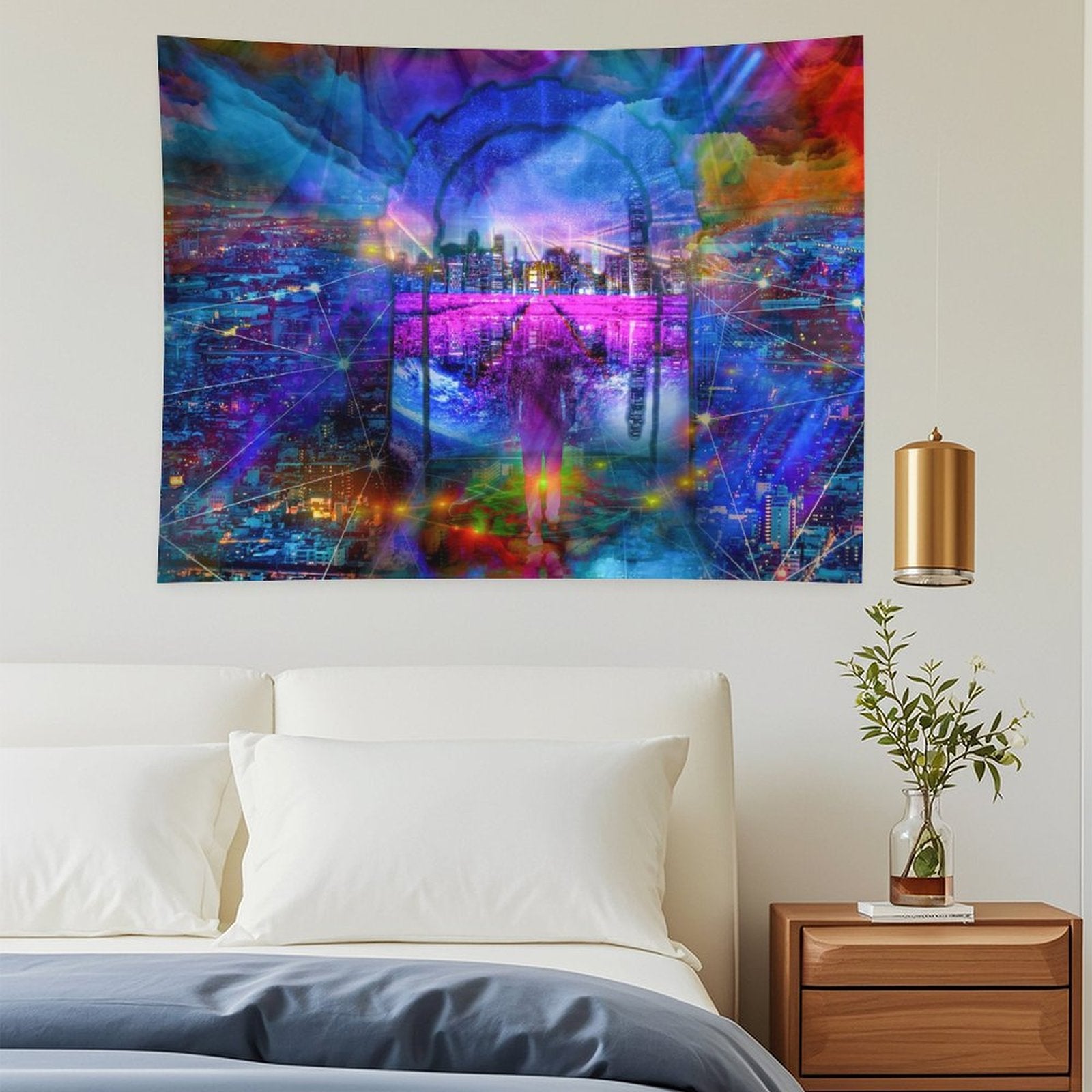 City of Threads psychedelic tapestry, a figure in a stone arch above a night city with constellation lines linking the lights