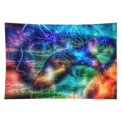 Tide Runner psychedelic tapestry, a dolphin mid leap through neon linework in teal and magenta