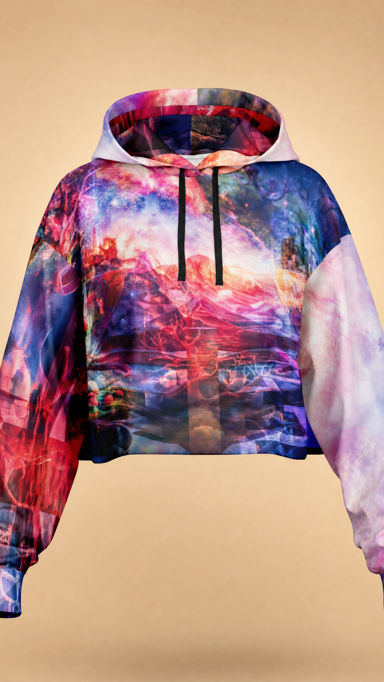 Cropped Elysian Drift dance hoodie cosmic all-over print on warm beige minimalist studio backdrop
