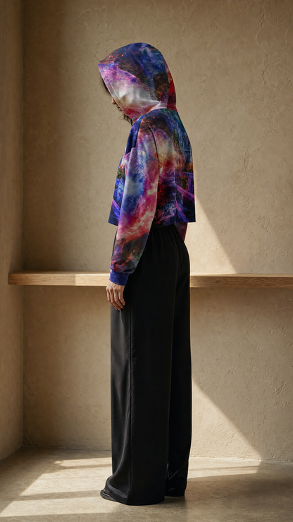 Cropped Elysian Drift dance hoodie worn by female model leaning quietly against warm sunlit wall
