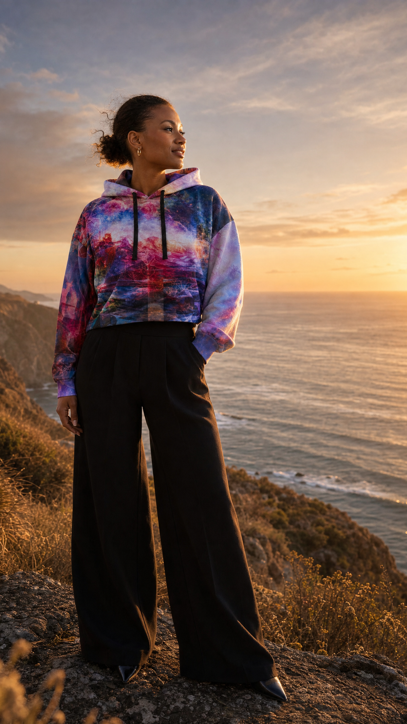 Elysian Drift hoodie on coastal cliff at sunset with dreamy ocean horizon