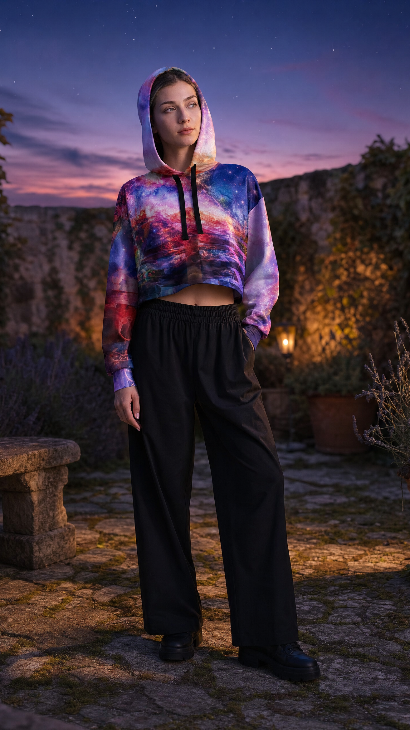Cropped Elysian Drift dance hoodie worn hood up by female model in dusk garden courtyard with twilight sky