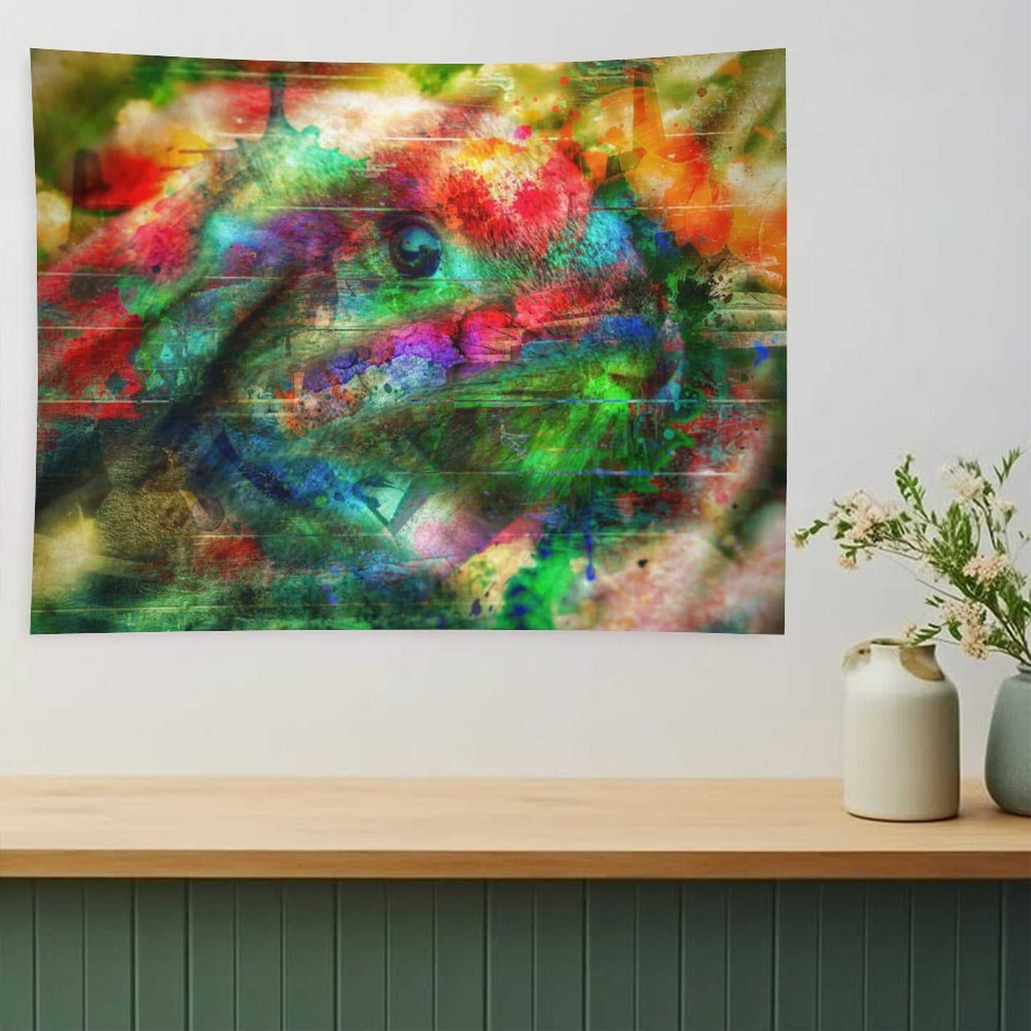 The Watcher psychedelic tapestry, a riotous color field with a single large eye and an animal head surfacing through it