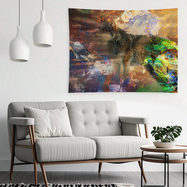 Energy Wolf psychedelic tapestry, a wolf standing in earth tones with a burst of spectrum breaking across its side