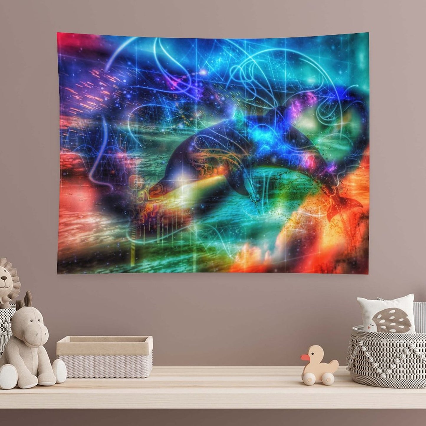 Tide Runner psychedelic tapestry, a dolphin mid leap through neon linework in teal and magenta