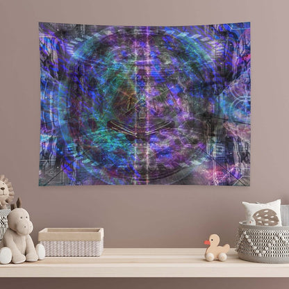 Still Point psychedelic tapestry, a seated figure at the center of a vast concentric mandala drawn like a blueprint