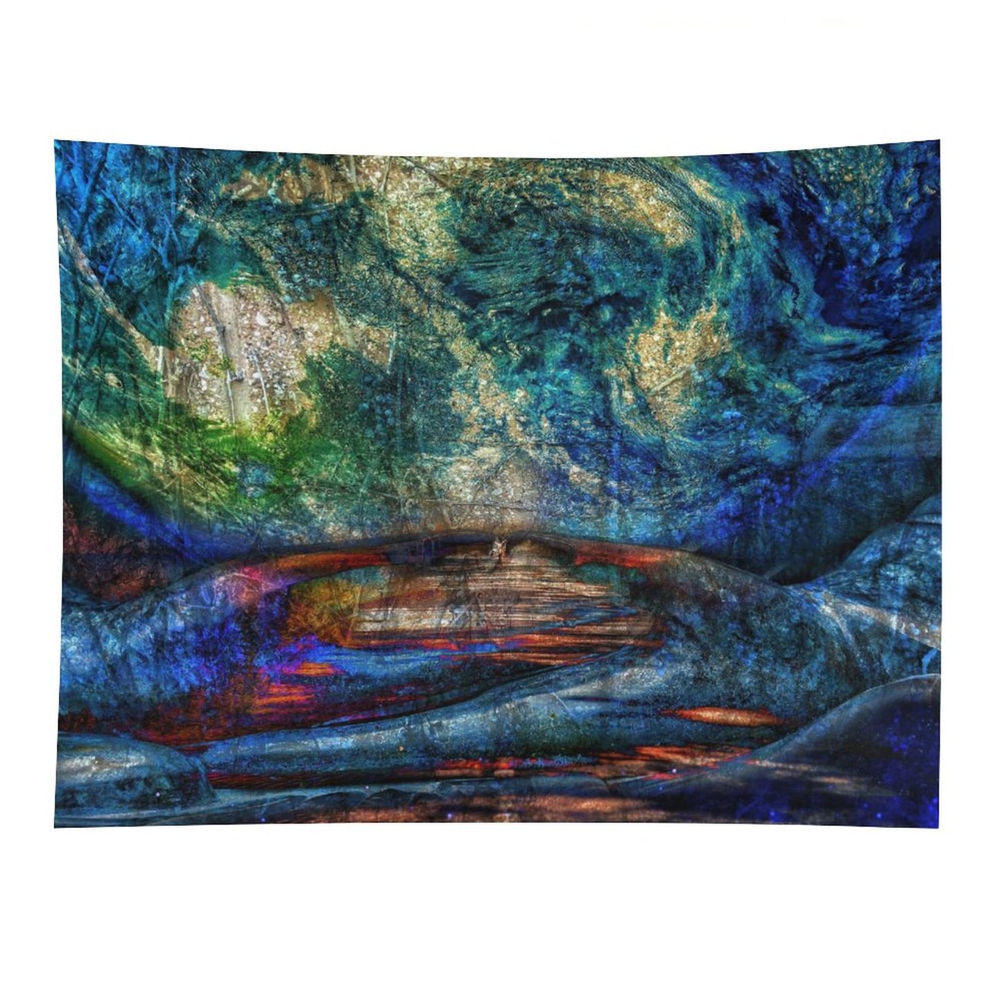 Stone Current psychedelic tapestry, layered rock in teal and gold with a river of light running through the strata