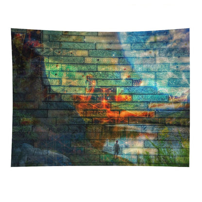 Wall of Days psychedelic tapestry, a long brick and stone wall with a glowing orange seam and one small figure at its base