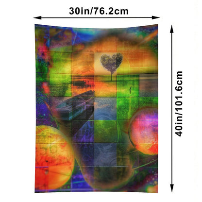 Heart Field psychedelic tapestry, a quilted grid of green and orange panels with a heart shaped tree and two planets
