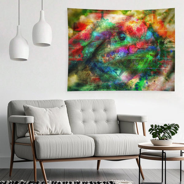 The Watcher psychedelic tapestry, a riotous color field with a single large eye and an animal head surfacing through it