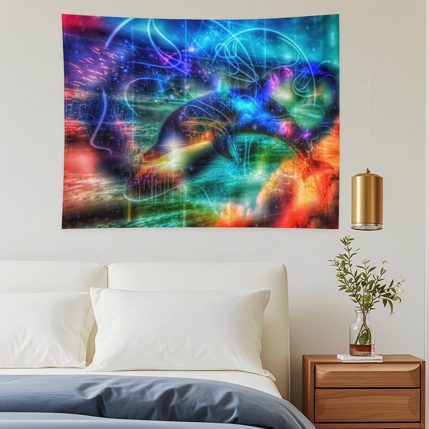 Tide Runner psychedelic tapestry, a dolphin mid leap through neon linework in teal and magenta