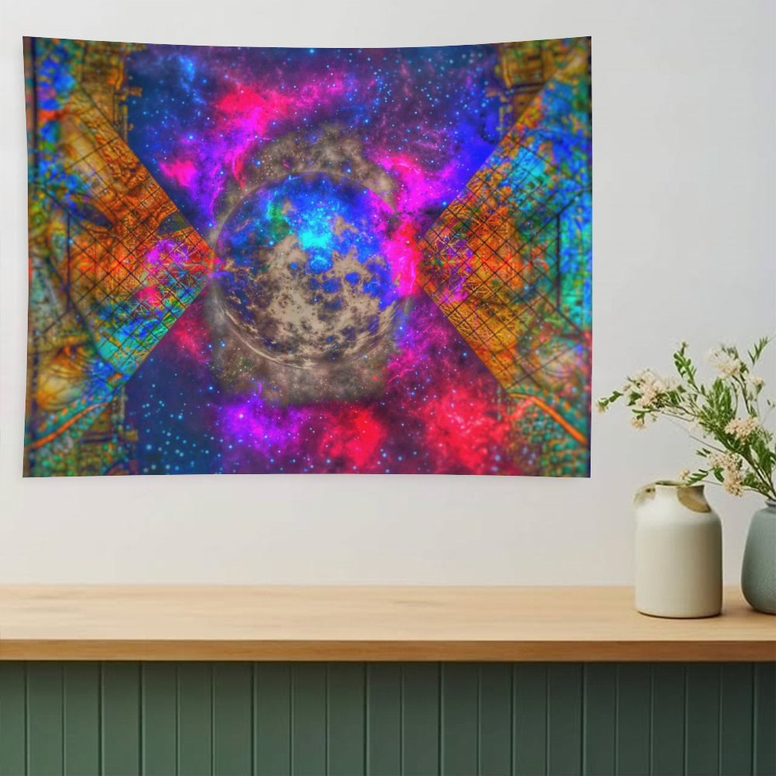 Held World psychedelic tapestry, a pocked moon in a starfield held inside an X of golden circuit lattice