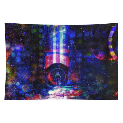 Circuit Vigil psychedelic tapestry, a lone figure on a wet neon street before a blue and crimson monolith in a circuit starfield