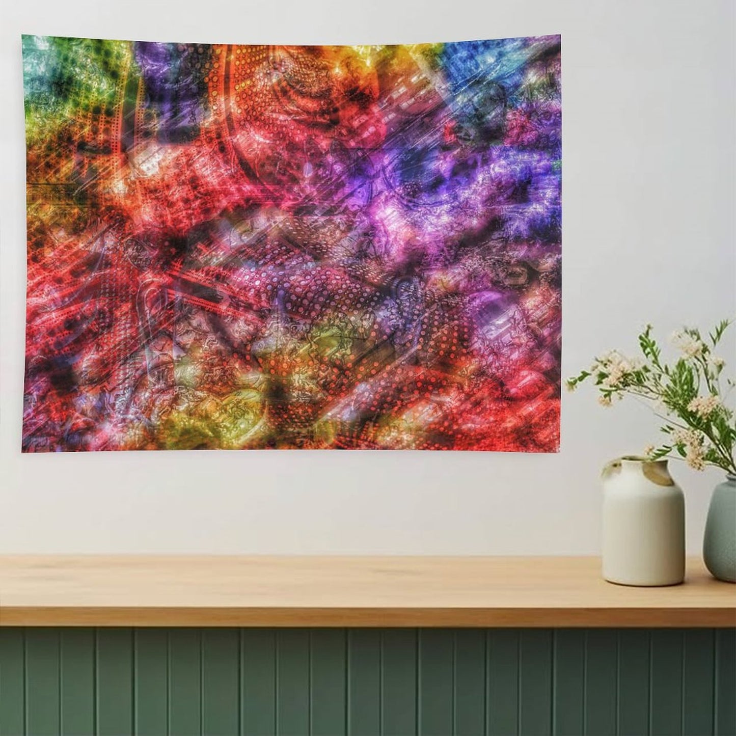 Scarlet Weave psychedelic tapestry, dense layered crimson and violet with scale and textile textures folded together