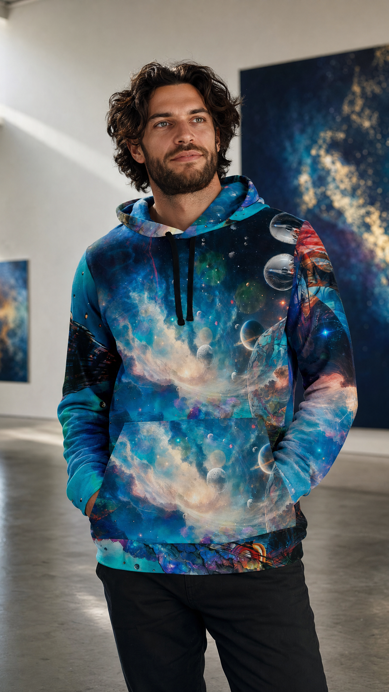 Cosmos Unbound athletic hoodie worn by male model in modern art gallery interior with cosmic-themed paintings
