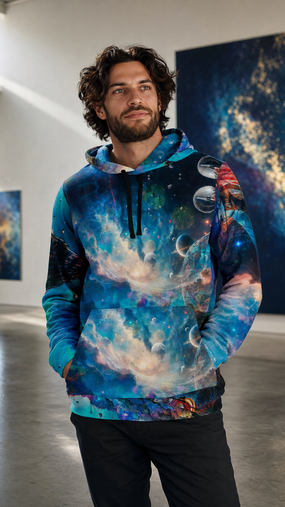 Cosmos Unbound athletic hoodie worn by male model in modern art gallery interior with cosmic-themed paintings