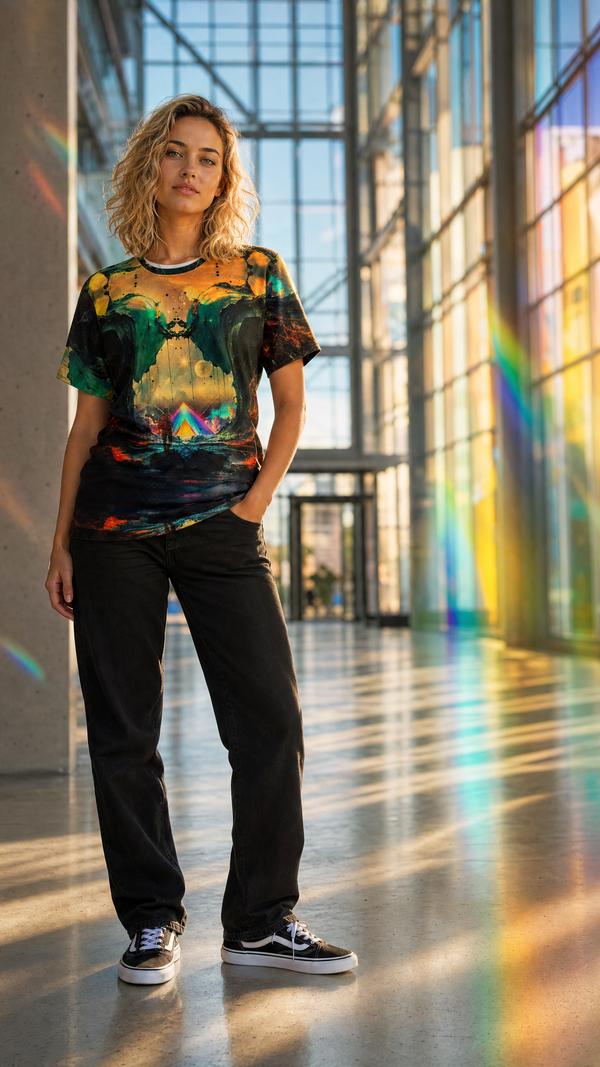 Prism Gate t-shirt on female model in glass atrium with prismatic golden hour light