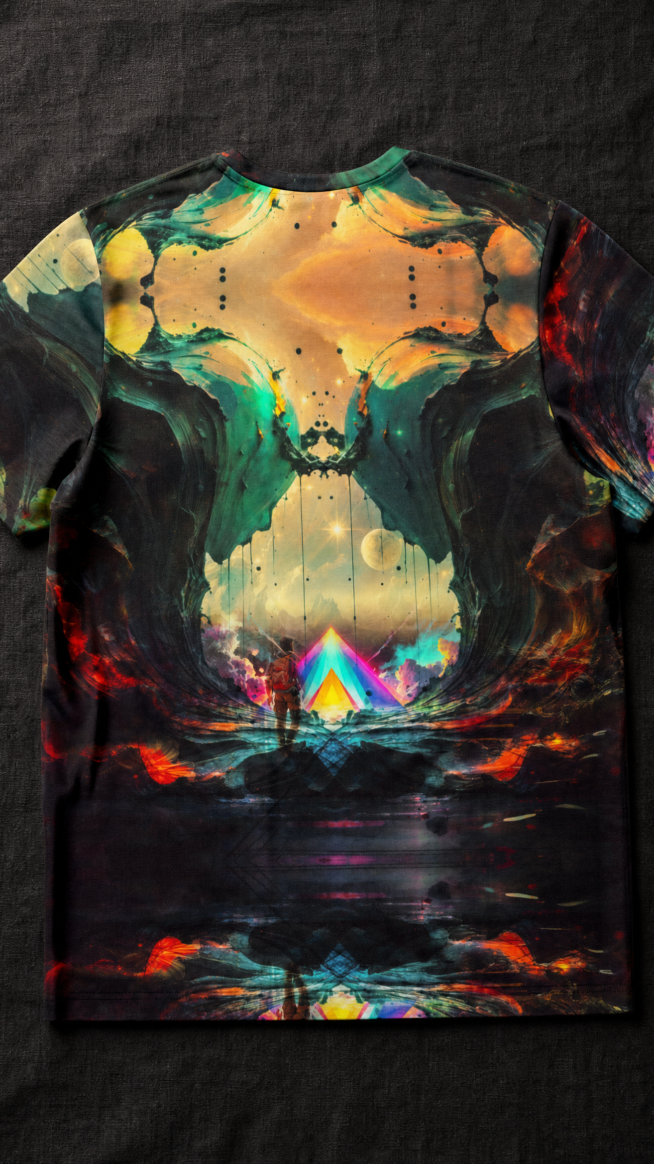 Prism Gate premium cotton tee back view flat lay on dark linen surface
