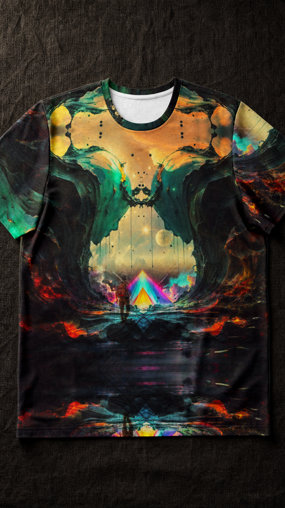 Prism Gate premium cotton tee front view flat lay on dark linen surface