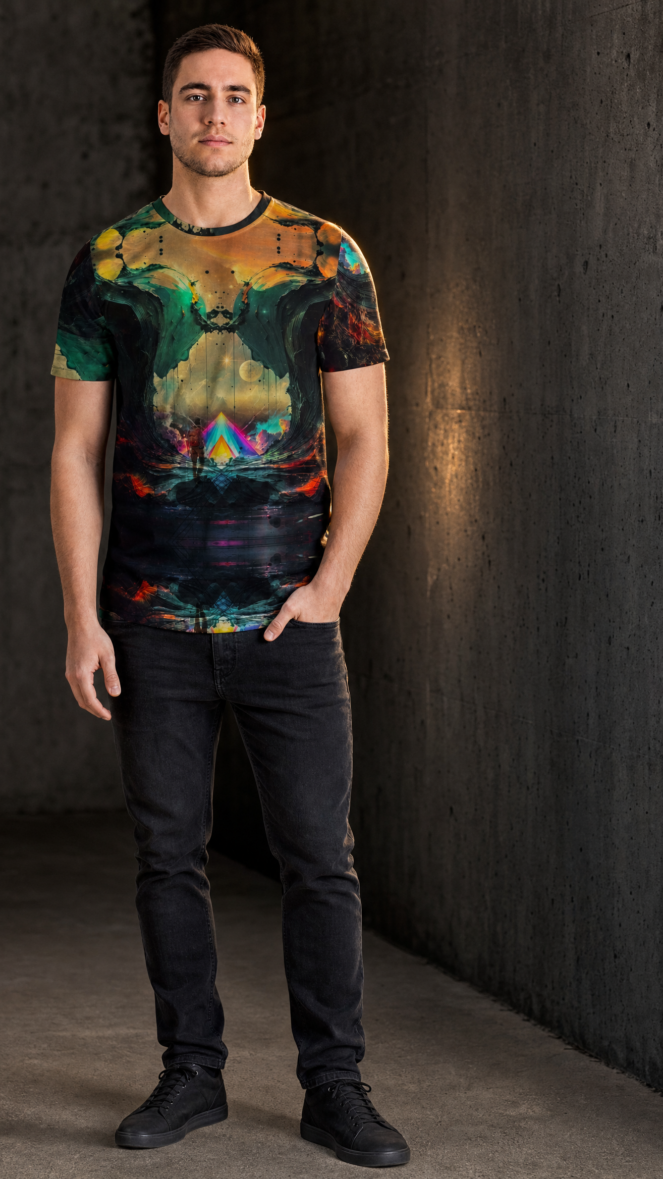 Prism Gate premium cotton tee worn by male model on dark concrete brutalist wall