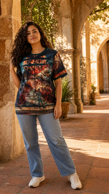 Our Shared Spaces tee on Latina female model in stone arched courtyard at golden hour