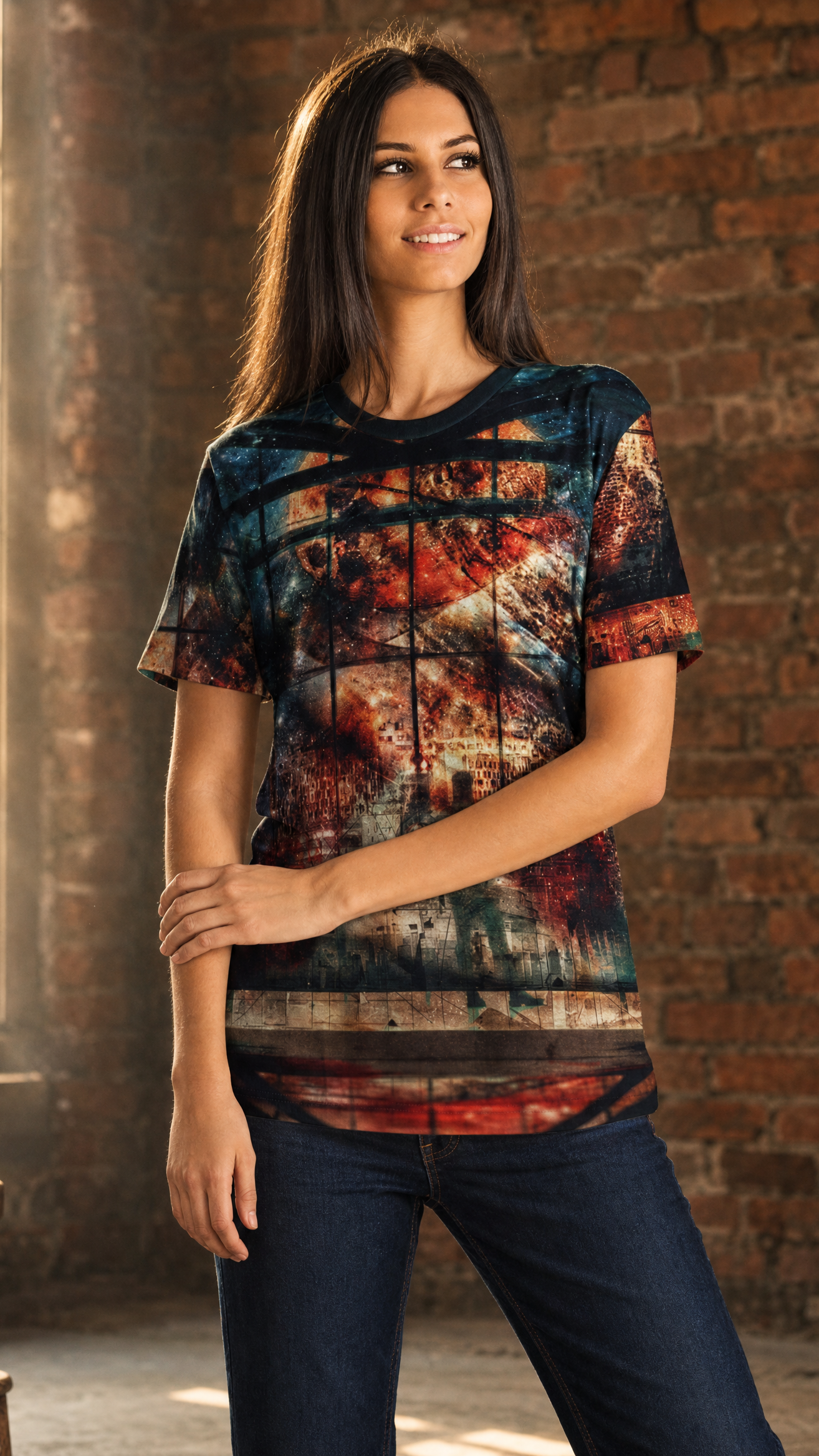 Our Shared Spaces premium cotton tee worn by female model in modern industrial loft with exposed brick and golden afternoon light