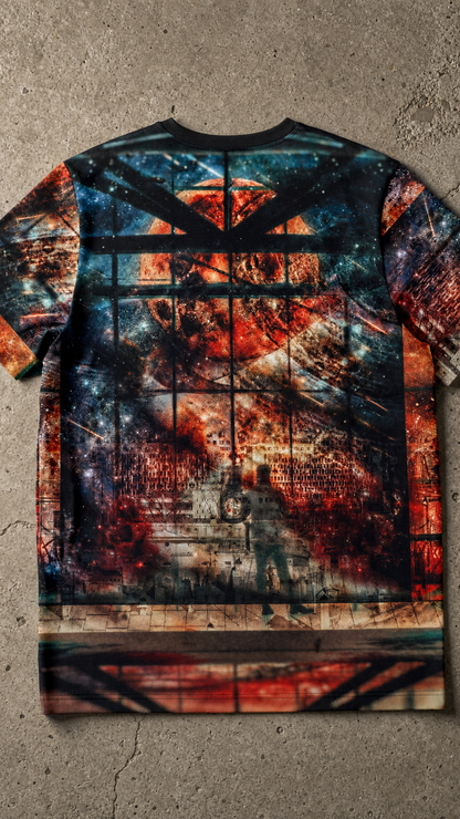 Our Shared Spaces premium cotton tee back view flat lay on warm concrete brutalist surface