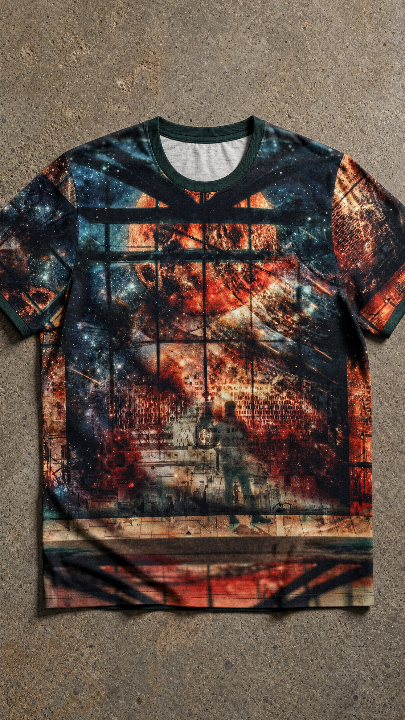 Our Shared Spaces premium cotton tee front view flat lay on warm concrete brutalist surface