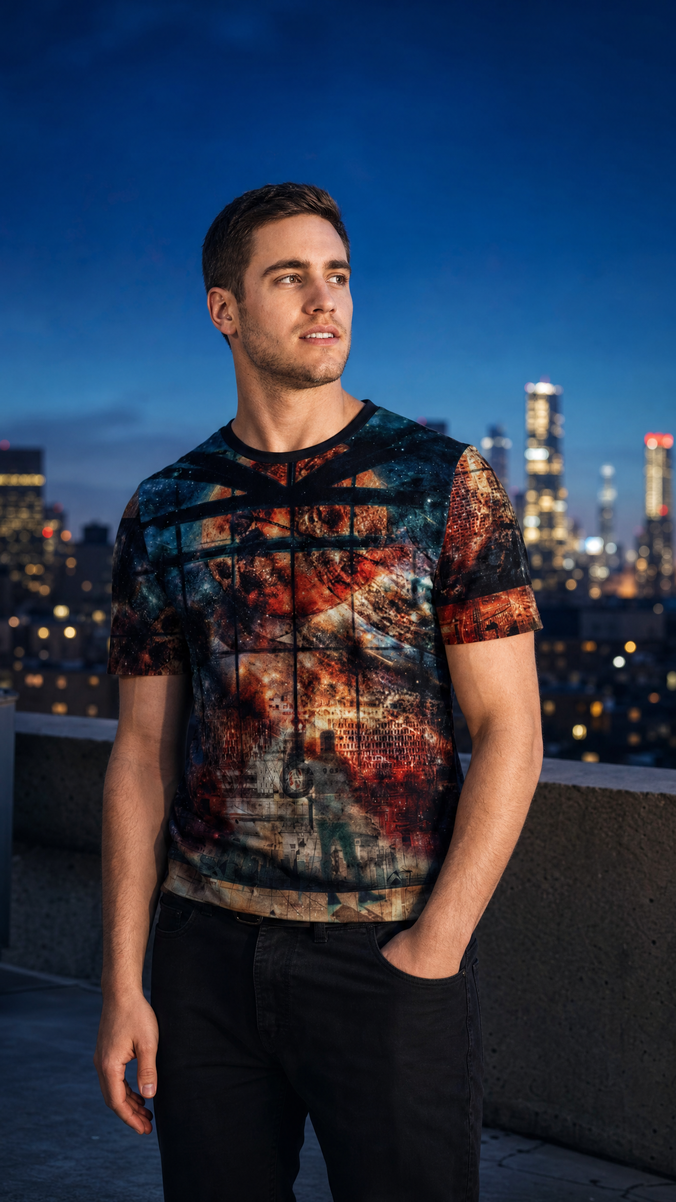 Our Shared Spaces premium cotton tee worn by male model on urban rooftop at blue hour with city lights