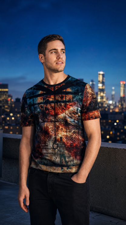 Our Shared Spaces premium cotton tee worn by male model on urban rooftop at blue hour with city lights