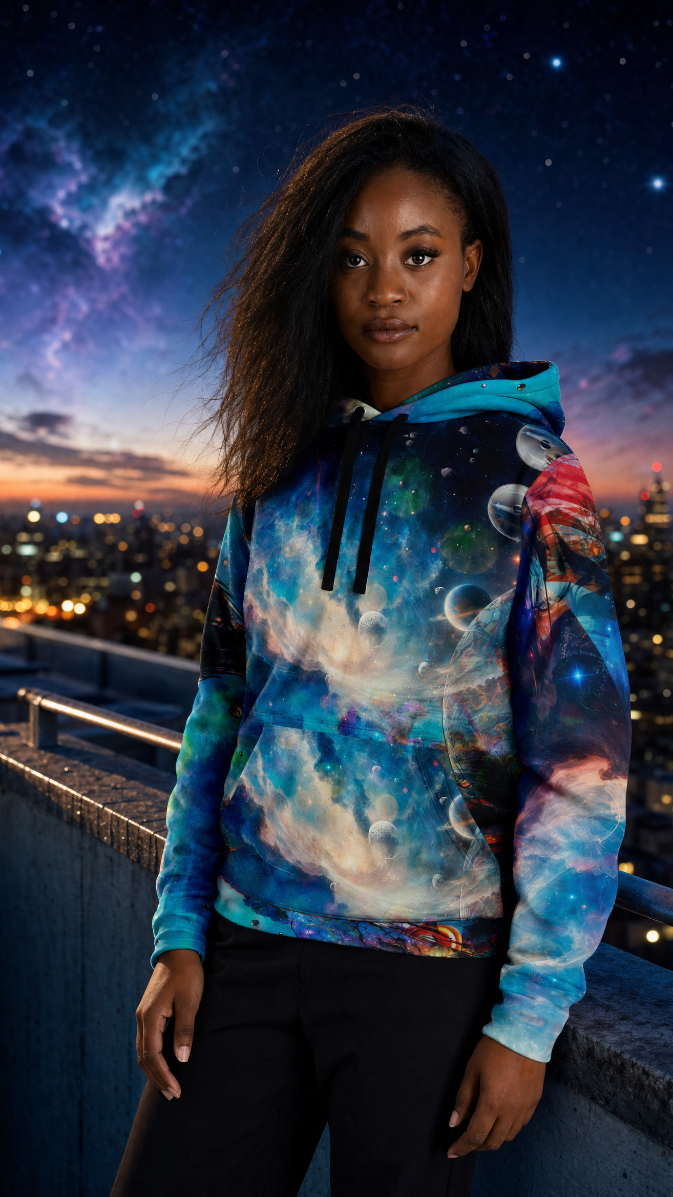 Cosmos Unbound athletic hoodie worn by female model on urban rooftop with cosmic Milky Way overhead at twilight
