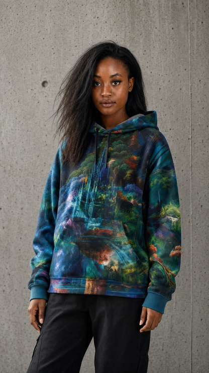 Female model wearing Verdant Monolith heavyweight oversized hoodie casual UGC photo on concrete wall