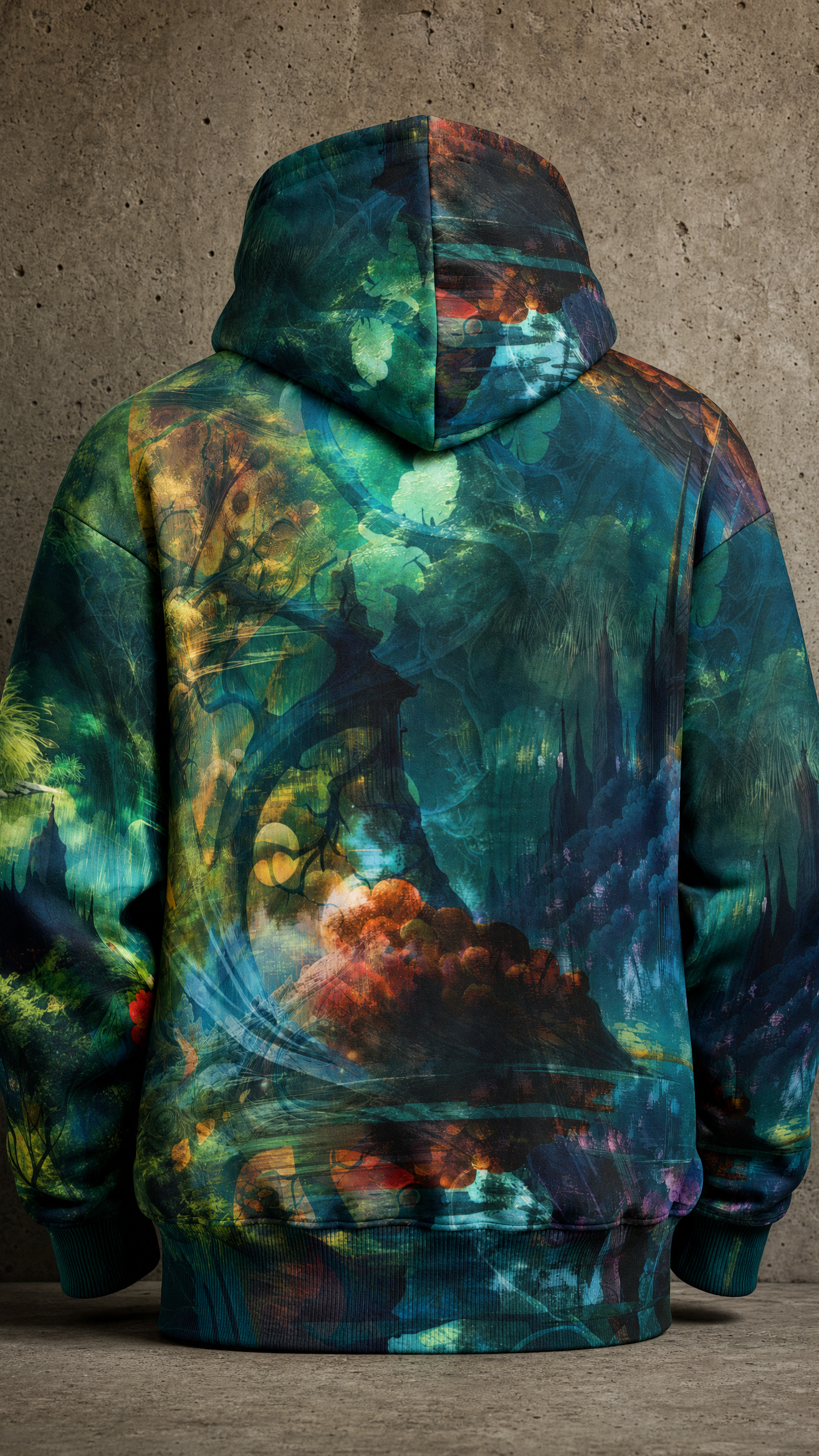 Verdant Monolith heavyweight oversized hoodie ghost mannequin back view on warm concrete brutalist wall