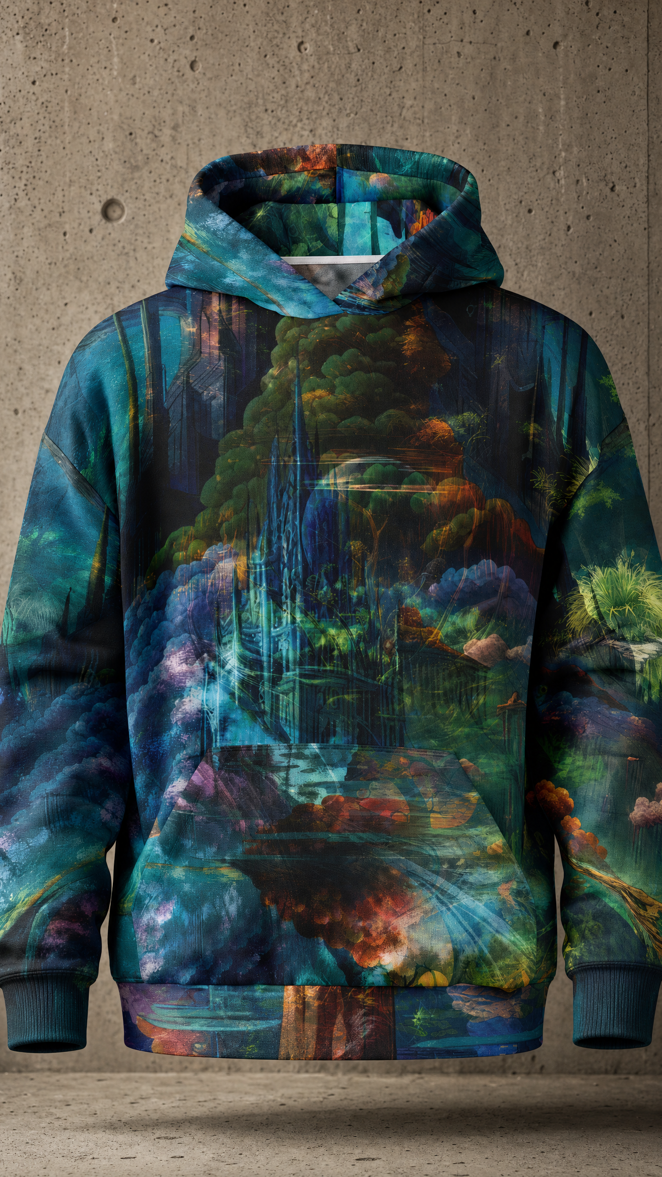 Verdant Monolith heavyweight oversized hoodie ghost mannequin front view on warm concrete brutalist wall