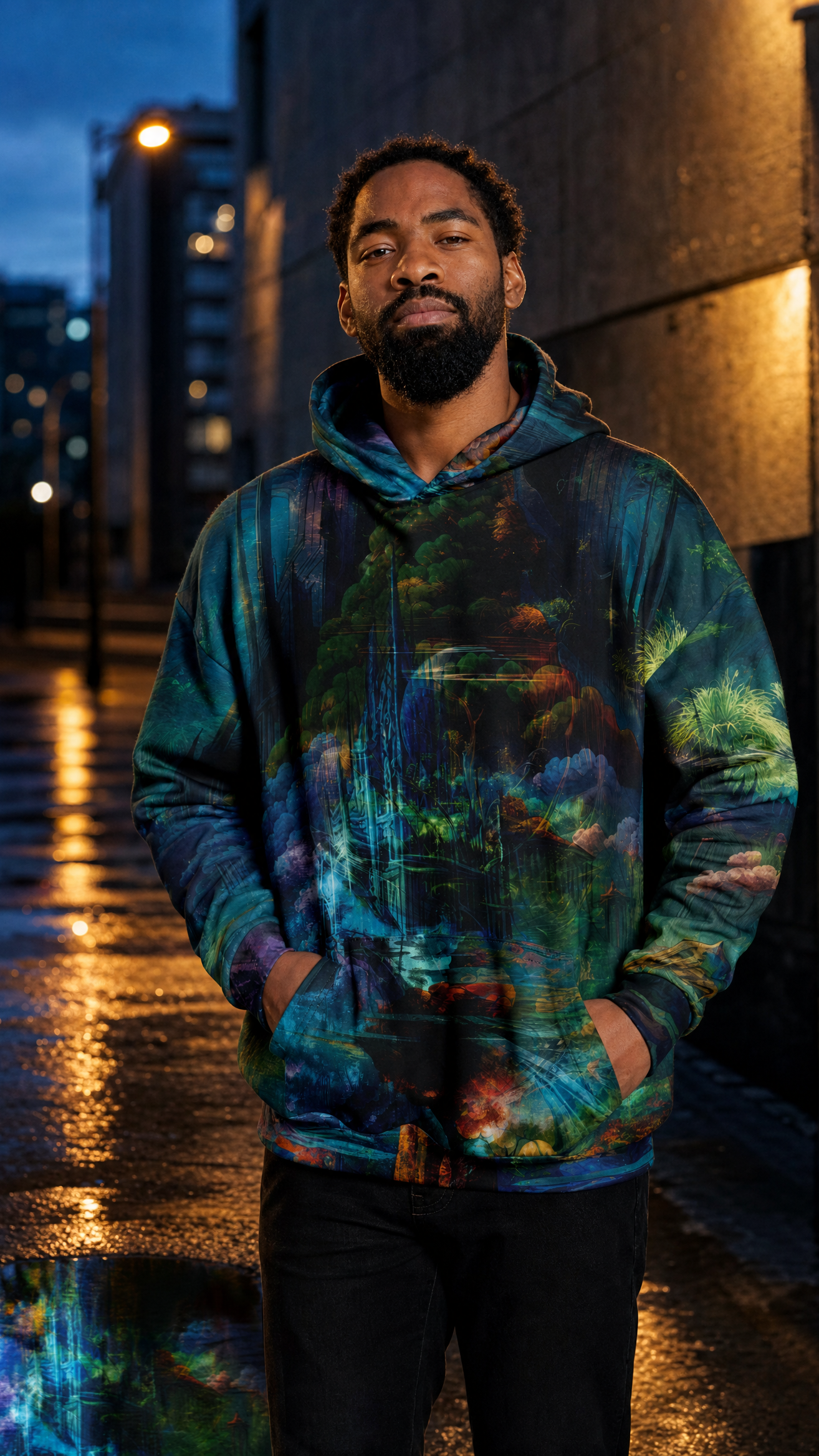 Verdant Monolith heavyweight oversized hoodie worn by male model on dusk urban street with soft architectural lighting